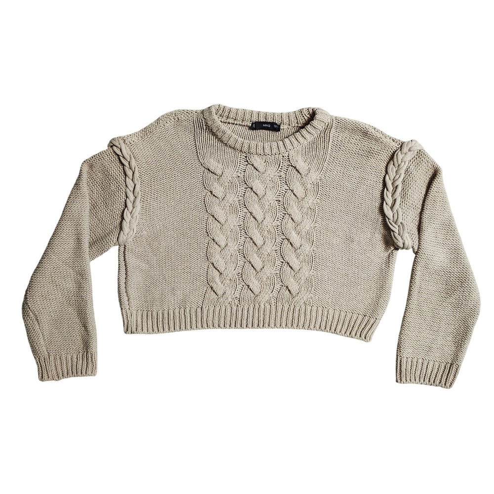 MNG Mango Womens Beige Cable Knit Cropped Sweater Braided Shoulder Size M